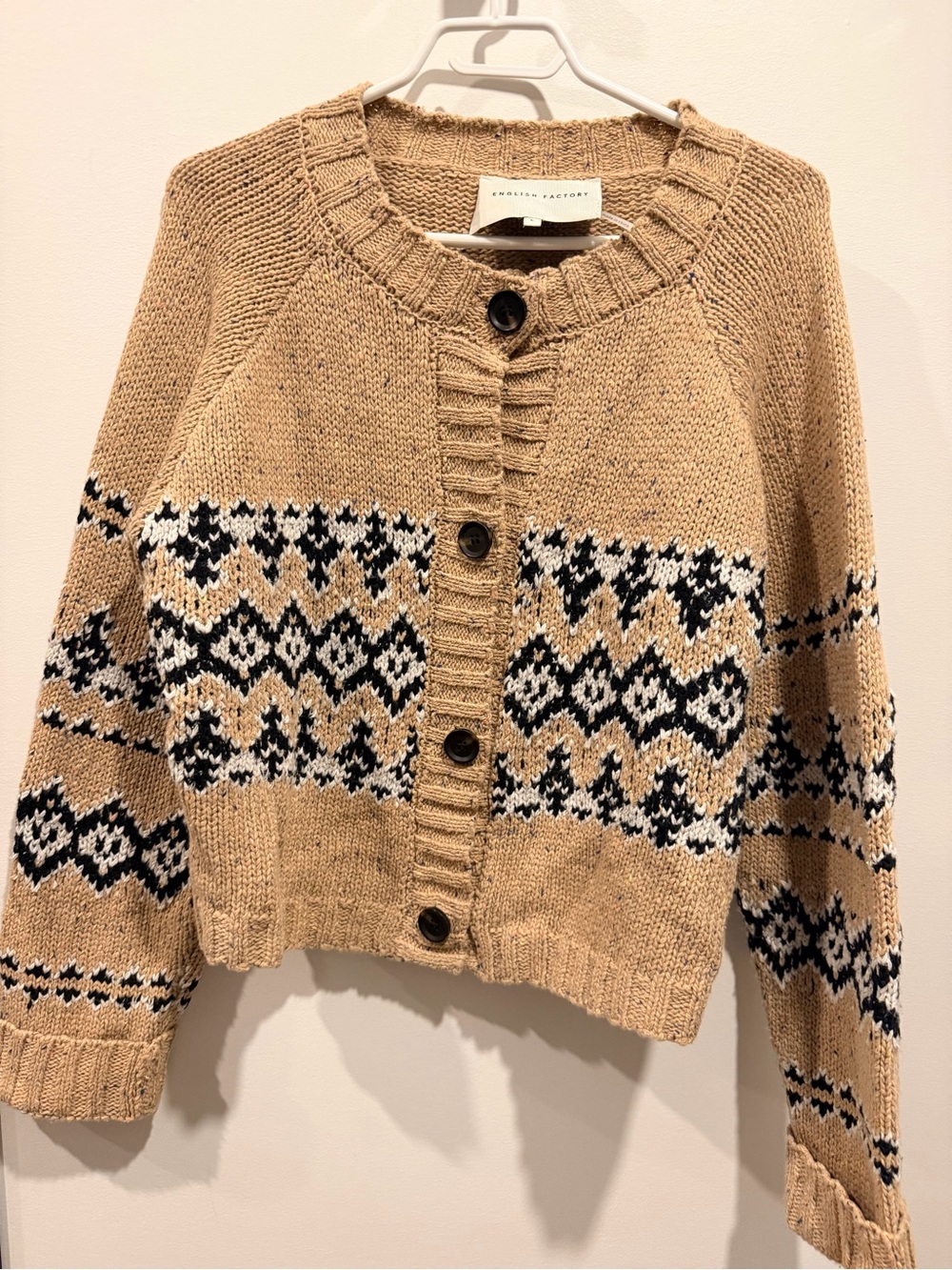 English Factory Tan Fair Isle Knit Cardigan Sweater